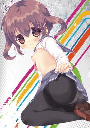 Rule 34 | 10s, 1girl, ass, blush, breasts, brown eyes, brown hair, clothes lift, hair ornament, hairclip, ikazuchi (kancolle), kantai collection, lifted by self, loafers, nipples, no bra, open clothes, open shirt, panties, panties under pantyhose, pantyhose, school uniform, serafuku, shirt, shoes, short hair, skirt, skirt lift, small breasts, smile, solo, thighband pantyhose, twintails, underwear, upskirt, white panties, yamada konayuki