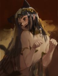 Rule 34 | 1girl, animal ears, arched back, armband, attall, bare shoulders, black hair, brown eyes, collar, collarbone, egyptian, fangs, highres, hime cut, long hair, looking back, nanbo ataru (attall), navel, paw pose, sharp teeth, sketch, solo, tail, teeth