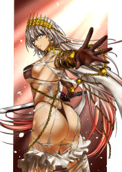 Rule 34 | 1girl, absurdres, ass, blue eyes, breasts, chain, earrings, elbow gloves, fate/grand order, fate (series), from behind, gloves, gold chain, gold collar, grey hair, highres, holding, holding sword, holding weapon, jewelry, large breasts, long hair, looking back, reaching, reaching towards viewer, sword, tetsuo (huvac-akiro), torn clothes, weapon, zenobia (fate)