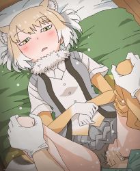 Rule 34 | 1boy, 1girl, blonde hair, blush, clothed sex, clothing aside, cum, cum in pussy, dress, ejaculation, fox, fox girl, fox tail, gloves, green shirt, grey dress, holding, kemono friends, kemono friends 3, leggings, looking down, lying, multicolored eyes, multicolored hair, necktie, on back, panties, panties aside, penis, pillow, pussy, sex, shirt, short sleeves, sweat, tail, tibetan fox (kemono friends), tomu (tomubobu), underwear, vaginal, white shirt