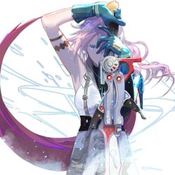 Rule 34 | 1girl, arm tattoo, blue eyes, blue gloves, closed mouth, cofffee, cowboy shot, final fantasy, final fantasy xiii, gloves, holding, holding sword, holding weapon, lightning farron, long hair, one eye covered, pink hair, simple background, solo, sword, tattoo, weapon, white background