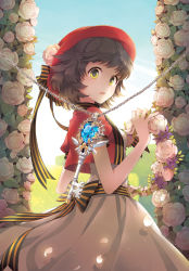 Rule 34 | 1girl, :o, bad id, bad pixiv id, brown hair, chain, female focus, flower, hat, jewelry, key, looking back, nardack, nature, necklace, open mouth, original, outdoors, petals, short hair, sky, solo, yellow eyes