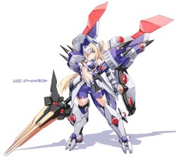 Rule 34 | 1girl, blonde hair, bodysuit, breasts, brown eyes, center opening, character request, commentary request, danball senki, full body, hair between eyes, headgear, high ponytail, highres, holding, holding sword, holding weapon, huge weapon, karukan (monjya), long hair, looking at viewer, mecha musume, medium breasts, navel, ponytail, purple bodysuit, shadow, solo, standing, sword, translation request, very long hair, weapon, white background