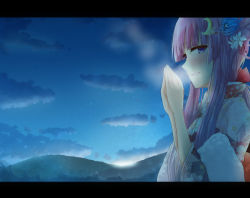 Rule 34 | 1girl, alternate costume, blue eyes, blush, cloud, crescent, crescent hair ornament, floral print, flower, hair flower, hair ornament, japanese clothes, kimono, letterboxed, long hair, looking at viewer, patchouli knowledge, purple hair, ram hachimin, sky, smile, solo, sunrise, touhou, upper body, wide sleeves