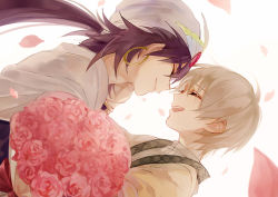 Rule 34 | 2boys, backlighting, bouquet, earrings, closed eyes, flower, freckles, from side, hand on another&#039;s cheek, hand on another&#039;s face, hoop earrings, ja&#039;far (magi), jewelry, long hair, low ponytail, magi the labyrinth of magic, male focus, multiple boys, open mouth, petals, pink flower, ponytail, profile, purple hair, short hair, sinbad (magi), smile, turban, white background, white hair, wonkrin, yaoi