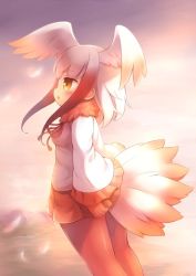 Rule 34 | 10s, 1girl, blush, feathers, from side, fur collar, gloves, gradient hair, head wings, japanese crested ibis (kemono friends), kemono friends, long hair, long sleeves, looking to the side, matsuu (akiomoi), miniskirt, multicolored hair, outdoors, pantyhose, pleated sleeves, red gloves, red hair, red pantyhose, red skirt, skirt, sky, solo, white hair, wide sleeves, wings, yellow eyes