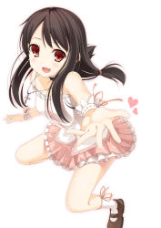 Rule 34 | 1girl, bad id, bad pixiv id, black hair, blush, brown eyes, camisole, cross, hair ribbon, heart, highres, jewelry, necklace, open mouth, original, outstretched hand, ribbon, simple background, skirt, smile, solo, twintails, wrist cuffs, yuuri nayuta