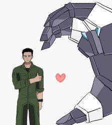 Rule 34 | 2boys, ao isami, black hair, bravern, closed mouth, half-heart hands, heart, heart hands failure, looking at viewer, multiple boys, out of frame, pilot suit, simple background, size difference, smdq 1114s, standing, thumbs up, watch, white background, wristwatch, yuuki bakuhatsu bang bravern