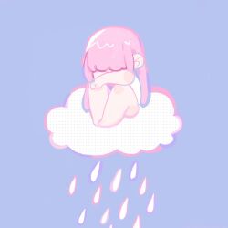 Rule 34 | 1girl, arms on knees, bare legs, blue background, blunt bangs, chibi, cloud, covering face, crossed arms, curled up, knees up, limited palette, long hair, on cloud, original, pink hair, rain, shirt, simple background, sitting, solo, straight hair, very long hair, white shirt, yeshisi