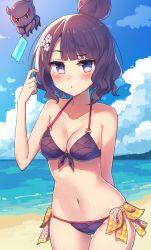 Rule 34 | 1girl, bare arms, bare shoulders, beach, bikini, blue sky, blush, breasts, cleavage, closed mouth, cloud, cloudy sky, collarbone, commentary request, day, fate/grand order, fate (series), food, front-tie bikini top, front-tie top, groin, hair bun, hair ornament, hand up, highres, holding, holding food, horizon, katsushika hokusai (fate), medium breasts, melting, navel, ocean, octopus, outdoors, popsicle, purple bikini, purple eyes, purple hair, sand, side-tie bikini bottom, single hair bun, sky, solo, standing, sweat, swimsuit, wagashi928, water