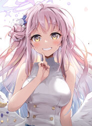 Rule 34 | 1girl, blue archive, blush, breasts, dirty, dirty clothes, dirty face, dress, eretto, feathered wings, grin, hair bun, halo, highres, long hair, looking at viewer, medium breasts, mika (blue archive), pink hair, simple background, single side bun, sleeveless, sleeveless dress, smile, solo, sweatdrop, torn clothes, torn dress, upper body, very long hair, white background, white dress, white wings, wings, yellow eyes
