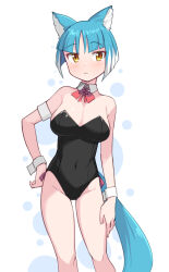 Rule 34 | 1girl, animal ears, arm at side, armband, asagi (bombergirl), bare shoulders, black leotard, blue hair, bombergirl, bow, bowtie, breasts, covered navel, detached collar, frown, hand on own hip, highres, large breasts, leotard, looking at viewer, red bow, red bowtie, saiste, short hair, simple background, slit pupils, solo, tail, white background, white hair, wolf ears, wolf tail, wrist cuffs, yellow eyes