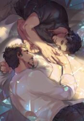 Rule 34 | 1062256124, 2boys, animification, avengers: infinity war, avengers (series), back, bed, black hair, black pants, black shirt, buttons, closed eyes, closed mouth, collared shirt, doctor strange, facial hair, fingernails, grey hair, grey pants, hands up, highres, long sleeves, lying, male focus, marvel, marvel cinematic universe, multicolored hair, multiple boys, mustache stubble, on side, pants, shadow, shirt, short hair, short sleeves, smile, stubble, tony stark, two-tone hair, white shirt