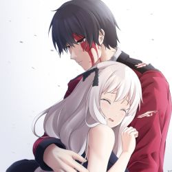 Rule 34 | 1boy, 1girl, black hair, blood, blood on face, brown eyes, closed eyes, commander (girls&#039; frontline), commentary request, crying, cuts, girls&#039; frontline, gradient background, grey background, griffin &amp; kryuger military uniform, hair between eyes, highres, hug, injury, jacket, kar98k (girls&#039; frontline), keenh, long hair, open mouth, parted lips, red jacket, signature, tears, torn clothes, torn jacket, upper body, wavy mouth, white background, white hair
