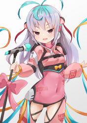 Rule 34 | 1girl, :d, absurdres, antenna hair, blue hair, blush, bodysuit, bow, breasts, clothes writing, clothing cutout, english text, gluteal fold, gradient background, gradient hair, grey background, highres, holding, kobi (piliheros2000), long hair, long sleeves, microphone, microphone stand, multicolored hair, open mouth, original, pink bodysuit, pink bow, puffy long sleeves, puffy sleeves, red eyes, russian text, silver hair, small breasts, smile, solo, standing, thigh cutout, translation request, v-shaped eyebrows, very long hair