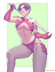 Rule 34 | 1girl, absurdres, armor, bikini armor, breasts, cleavage, closed mouth, commentary request, commission, commissioner upload, copyright request, costume request, elbow gloves, gloves, halterneck, highres, holding, holding sword, holding weapon, large breasts, lips, mixed-language commentary, pink gloves, rejean dubois, short hair, solo, sword, thighs, warrior, weapon