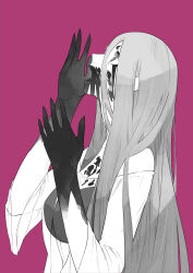 Rule 34 | 1girl, bare shoulders, blood, blood on clothes, blood on face, blood on hands, bra visible through clothes, breasts, commentary request, dress, fingernails, fraulein kreutune, from side, gajuumaru, grey hair, greyscale with colored background, hair between eyes, hands up, highres, large breasts, long fingernails, long hair, long sleeves, looking up, monochrome, open mouth, pink background, see-through, see-through dress, sharp fingernails, simple background, solo, spoilers, teeth, toaru majutsu no index, toaru majutsu no index: new testament, upper body