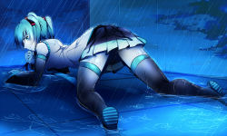 Rule 34 | 1girl, all fours, black footwear, black skirt, black sleeves, blue eyes, blue hair, boots, detached sleeves, from behind, grey shirt, hair between eyes, hair ornament, hatsune miku, long hair, long sleeves, looking back, miniskirt, outdoors, pleated skirt, rain, rain (aaru), shirt, skirt, sleeveless, sleeveless shirt, solo, thigh boots, thighhighs, twintails, vocaloid, zettai ryouiki