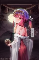 Rule 34 | 1girl, back, bell, blush, character name, closed mouth, full moon, hakama, highres, holding, japanese clothes, jingle bell, kagura suzu, kantai collection, long hair, long sleeves, looking at viewer, miko, moon, purple hair, red hakama, rope, shimenawa, solo, torii, tsushima (kancolle), twitter username, unidentified nk, wide sleeves, yellow eyes