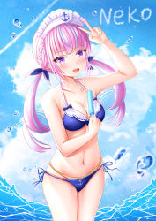 Rule 34 | 1girl, :d, absurdres, ahoge, anchor print, anchor symbol, arm up, armpits, bare shoulders, bikini, blue hair, blue sky, blunt bangs, blush, braid, breasts, cleavage, cloud, collarbone, colored inner hair, commentary, cowboy shot, day, food, groin, hair ribbon, halterneck, highres, holding, holding food, hololive, kazamatsuri honatsu, long hair, looking at viewer, low twintails, maid headdress, medium breasts, midriff, minato aqua, multicolored hair, nail polish, navel, ocean, open mouth, popsicle, purple bikini, purple eyes, purple hair, ribbon, side-tie bikini bottom, sidelocks, sky, smile, solo, standing, string bikini, swimsuit, teeth, twintails, two-tone hair, upper teeth only, v, virtual youtuber, water drop