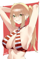 Rule 34 | 1girl, absurdres, armpits, arms behind head, bikini, blonde hair, breasts, cleavage, criss-cross halter, drop earrings, earrings, fate/grand order, fate (series), green eyes, halterneck, highres, jewelry, kurozawa yui, large breasts, long hair, looking at viewer, nero claudius (fate), nero claudius (fate) (all), nero claudius (swimsuit caster) (fate), parted lips, red background, red bikini, signature, smile, solo, striped bikini, striped clothes, swimsuit, twintails, two-tone background, upper body, white background
