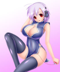 Rule 34 | 1girl, bad id, bad pixiv id, bare shoulders, black thighhighs, breasts, china dress, chinese clothes, cleavage, cleavage cutout, clothing cutout, covered navel, curvy, digital media player, dress, harumi (harumix), headphones, huge breasts, large breasts, leg up, legs, long legs, original, pink hair, red eyes, short hair, simple background, skindentation, solo, thighhighs, thighs