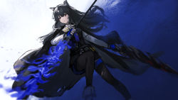 Rule 34 | 1girl, animal ears, arknights, black hair, black pantyhose, black vest, blue background, blue gloves, blue shorts, ear piercing, feet out of frame, fingerless gloves, gloves, highres, holding, holding sword, holding weapon, long hair, official alternate costume, orlijiang, pantyhose, pantyhose under shorts, piercing, red eyes, shorts, simple background, solo, sword, texas (arknights), texas the omertosa (arknights), two-tone background, vest, weapon, white background, wolf ears, wolf girl