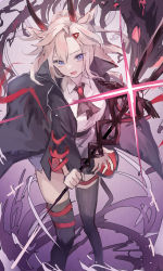 Rule 34 | 1girl, :d, absurdres, arknights, black jacket, black neckwear, black thighhighs, blue skirt, brown hair, collared shirt, commentary request, earthspirit (arknights), feet out of frame, hair between eyes, highres, holding, holding polearm, holding weapon, horns, jacket, looking at viewer, nagute, open clothes, open jacket, open mouth, polearm, purple eyes, shirt, skirt, smile, solo, spear, standing, thighhighs, weapon, white shirt
