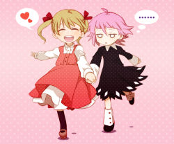 Rule 34 | 00s, androgynous, black dress, blonde hair, blouse, child, crona (soul eater), dress, closed eyes, gender request, hair ribbon, happy, heart, holding hands, maka albarn, mary janes, mot, open mouth, pink background, pink hair, polka dot, polka dot background, red dress, ribbon, running, shirt, shoes, short hair, smile, socks, soul eater, spoken heart, twintails, aged down