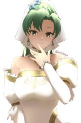 Rule 34 | 1girl, artist name, bare shoulders, breasts, bridal gauntlets, bridal veil, bride, choker, closed mouth, collarbone, dress, earrings, facing viewer, finger to mouth, fire emblem, fire emblem: the blazing blade, fire emblem heroes, gloves, gold trim, green eyes, green hair, high ponytail, jewelry, large breasts, long hair, looking at viewer, lyn (bridal) (fire emblem), lyn (fire emblem), nintendo, official alternate costume, ponytail, ring, simple background, skeptycally, smile, solo, strapless, strapless dress, twitter username, veil, wedding dress, wedding ring, white background, white dress