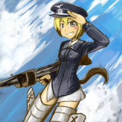Rule 34 | 1girl, blonde hair, blush stickers, brown eyes, cloud, day, erica hartmann, flying, grin, gun, hat, military, military uniform, salute, short hair, smile, solo, strike witches, striker unit, tail, teeth, tokito (star), trigger discipline, uniform, weapon, world witches series