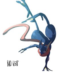 Rule 34 | blurry, commentary request, creatures (company), game freak, gen 6 pokemon, greninja, handstand, morio (poke orio), nintendo, one arm handstand, pink eyes, pokedex number, pokemon, pokemon (creature), simple background, solo, tongue, white background
