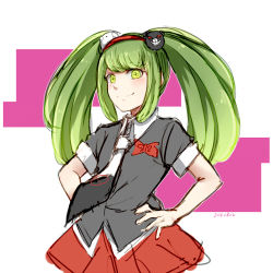 Rule 34 | 1girl, bear hair ornament, black necktie, black shirt, bow, closed mouth, collared shirt, commentary request, cosplay, cowboy shot, danganronpa (series), danganronpa another episode: ultra despair girls, enoshima junko, enoshima junko (cosplay), green eyes, green hair, hair ornament, hands on own hips, long hair, looking at viewer, lowres, meipoi, necktie, red bow, red skirt, shirt, short sleeves, sketch, skirt, smile, solo, towa monaca, twintails, white necktie, yellow eyes