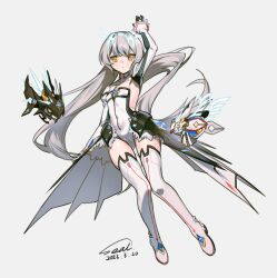 Rule 34 | 1girl, 2023, airseal, android, arm up, black gloves, breasts, closed mouth, code: battle seraph (elsword), commentary, covered navel, dated, detached collar, detached sleeves, elsword, eve (elsword), facial mark, floating, floating hair, floating object, forehead jewel, full body, gloves, highres, leotard, long hair, looking at viewer, moby (elsword), remy (elsword), robot, simple background, small breasts, strapless, strapless leotard, thighhighs, very long hair, white background, white hair, white leotard, white thighhighs, yellow eyes