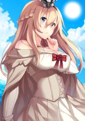 Rule 34 | 10s, 1girl, aqua eyes, arm at side, ayuteisyoku, blonde hair, braid, breasts, cape, cloud, cloudy sky, colored eyelashes, corset, crown, day, dress, flower, french braid, hair between eyes, head rest, kantai collection, large breasts, lips, long hair, long sleeves, looking at viewer, mini crown, off shoulder, red flower, red ribbon, red rose, ribbon, rose, sky, solo, sun, upper body, warspite (kancolle), white dress