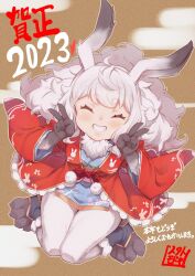 Rule 34 | 1girl, 2023, ^ ^, animal ears, animal feet, animal hands, chinese zodiac, closed eyes, commentary request, copyright request, double v, facing viewer, female focus, frills, full body, grin, highres, japanese clothes, jingai modoki, light blush, long hair, pom pom (clothes), rabbit ears, rabbit girl, smile, solo, translation request, v, white hair, wide sleeves, year of the rabbit