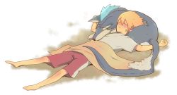 Rule 34 | 00s, 1boy, bad id, bad pixiv id, blonde hair, dog, flynn scifo, male focus, nic (kevin), official alternate costume, repede (tales), sleeping, solo, tales of (series), tales of vesperia, towel, white background