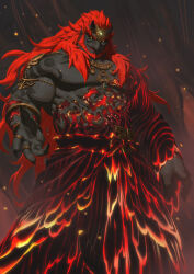 Rule 34 | 1boy, beard, black nails, black sclera, black skin, colored sclera, colored skin, earrings, facial hair, fingernails, forehead jewel, ganondorf, grin, highres, horns, jewelry, long hair, looking at viewer, muscular, muscular male, nail polish, nesskain, nintendo, pointy ears, red hair, sharp fingernails, shoulder tattoo, smile, solo, tattoo, teeth, the legend of zelda, the legend of zelda: tears of the kingdom, yellow eyes