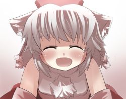 Rule 34 | 1girl, :d, ^ ^, animal ears, bare shoulders, blush, close-up, closed eyes, detached sleeves, female focus, gaoo (frpjx283), gradient background, hat, inubashiri momiji, open mouth, pom pom (clothes), silver hair, simple background, smile, solo, tokin hat, touhou, upper body, wolf ears