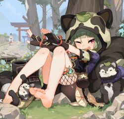 Rule 34 | 2girls, animal hood, barefoot, black shorts, blue sky, boots, feet, fingerless gloves, genshin impact, gloves, green hair, highres, hood, japanese clothes, leaf, leaf on head, miko, multiple girls, multiple torii, on grass, one eye closed, outstretched arms, red eyes, rock, sayu (genshin impact), shorts, sitting, sky, soles, solo focus, tanuki, tearing up, toes, torii, tree, ulrica.h, unworn boots, vision (genshin impact)