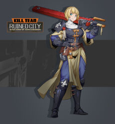 Rule 34 | 1girl, adepta sororitas, ammunition belt, ammunition pouch, armor, blonde hair, blue eyes, chainsword, english text, explosive, fleur-de-lis, gloves, grenade, hand on own hip, highres, holding, holding sword, holding weapon, looking to the side, pauldrons, pouch, rmulderz, robe, shoulder armor, single pauldron, solo, sword, warhammer 40k, weapon