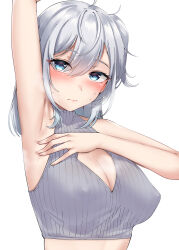 Rule 34 | 1girl, absurdres, arm up, armpits, blue eyes, blush, breasts, cleavage, grey hair, hair between eyes, highres, kantai collection, kiritto, large breasts, long hair, looking at viewer, one side up, simple background, sleeveless, solo, suzutsuki (kancolle), sweat, upper body