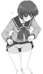 Rule 34 | 1girl, blush, clothes lift, greyscale, highres, looking at viewer, monochrome, nagaoka shiho, no panties, pussy, school uniform, serafuku, shichimenchou, short hair, simple background, skirt, skirt lift, solo, to heart, to heart (series), uncensored, white background
