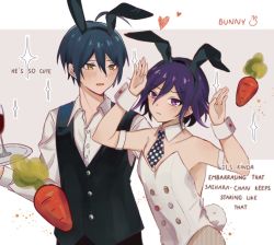 Rule 34 | 2boys, animal ears, bare shoulders, black hair, black vest, butter (butter38700739), carrot, checkered necktie, collarbone, crossdressing, danganronpa (series), danganronpa v3: killing harmony, detached collar, dress shirt, english text, fake animal ears, fake tail, fishnet pantyhose, fishnets, grey background, grey shirt, hands up, heart, holding, holding tray, male focus, male playboy bunny, multiple boys, necktie, oma kokichi, pantyhose, purple hair, rabbit tail, saihara shuichi, shirt, sparkle, tail, tray, two-tone background, vest, wrist cuffs