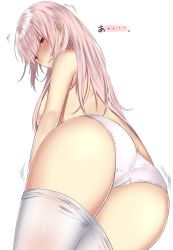 Rule 34 | 1girl, ass, blush, breasts, clothes pull, fate/grand order, fate (series), florence nightingale (fate), from below, highres, large breasts, long hair, looking at viewer, nose blush, onineko-chan, panties, pantyhose, pantyhose pull, parted lips, pink hair, red eyes, sidelocks, simple background, solo, thighs, topless, underwear, wavy mouth, white background, white panties, white pantyhose