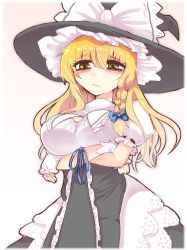 Rule 34 | 1girl, arm warmers, bad id, bad twitter id, beige background, black dress, black hat, blonde hair, blue bow, bow, breast hold, breasts, commentary request, cookie (touhou), crossed arms, dress, gradient background, hair between eyes, hair bow, hat, hat bow, kirisame marisa, large breasts, long hair, mars (cookie), namatama (7lemo can), puffy short sleeves, puffy sleeves, short sleeves, solo, touhou, white background, white bow, witch hat, yellow eyes
