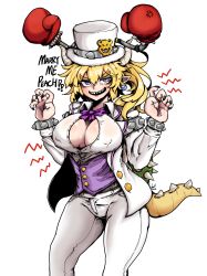 Rule 34 | 1girl, absurdres, blonde hair, blue eyes, blush, bow, bowser logo, bowsette, bowtie, boxing gloves, bracelet, breasts, cleavage, collar, english text, ginseng (xin), hat, highres, horns, jewelry, mario, mario (series), new super mario bros. u deluxe, nintendo, pointy ears, ponytail, spiked bracelet, spikes, super mario odyssey, tail, top hat, turtle shell, tuxedo