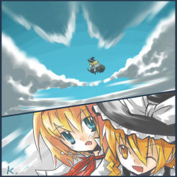 Rule 34 | 2girls, alice margatroid, bad id, bad pixiv id, blonde hair, blue eyes, braid, broom, broom riding, cloud, comic, day, fang, female focus, hairband, hat, kirisame marisa, kusano (pixiv), multiple girls, one eye closed, outdoors, short hair, sky, touhou, wink, witch, witch hat, yellow eyes