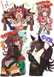 Rule 34 | 6+girls, :d, absurdres, agnes digital (umamusume), agnes tachyon (umamusume), aircraft, airplane, alternate hairstyle, animal ears, appleq, arm up, arms behind head, ass, black ribbon, black shirt, blue eyes, bow, breasts, brown eyes, brown hair, blowing bubbles, chewing gum, closed eyes, clothes writing, clothing cutout, contrail, crop top, cropped legs, cropped torso, daiwa scarlet (umamusume), ear ribbon, fang, green jacket, grey pants, grin, hair between eyes, hair bow, hair intakes, hair over one eye, hair ribbon, hairband, hand in own hair, headband, heart, heart in mouth, highres, horse ears, horse girl, horse tail, i heart..., jacket, long hair, looking at viewer, looking back, looking down, mayano top gun (umamusume), midriff, multiple girls, navel, notice lines, open mouth, own hands together, pants, pink shirt, ponytail, red bow, red eyes, red headband, ribbon, rice shower (umamusume), shirt, short hair, short shorts, short sleeves, shorts, small breasts, smile, tail, tail through clothes, tied shirt, translation request, twintails, tying hair, umamusume, very long hair, vodka (umamusume), white hairband, white ribbon, white shorts