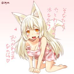 Rule 34 | 1girl, all fours, animal ear fluff, animal ears, bare arms, barefoot, blonde hair, breasts, cleavage, collarbone, dress, eyebrows, fang, floral print, fox ears, fox tail, gradient background, heart, kohaku (yua), large breasts, long hair, off shoulder, open mouth, original, pink dress, slit pupils, smile, solo, strap slip, tail, thick eyebrows, very long hair, yellow eyes, yua (checkmate)